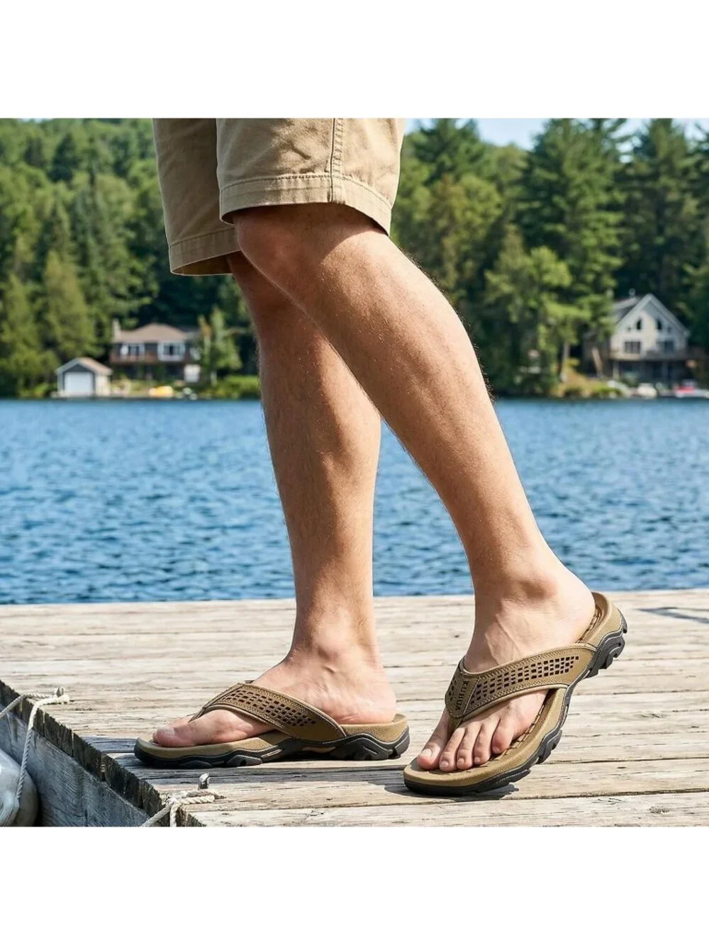 Men's Brown Black Beach Flip-Flops Water Outdoor Athletic Thong Sandal Slipper